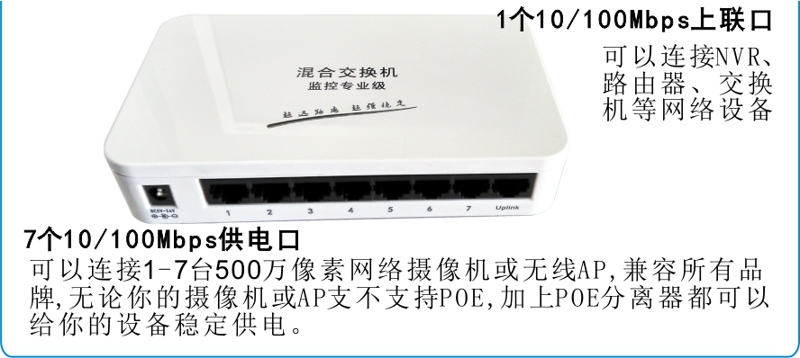 长距离 8口POE供电交换机一线通带7个网络摄像机或AP