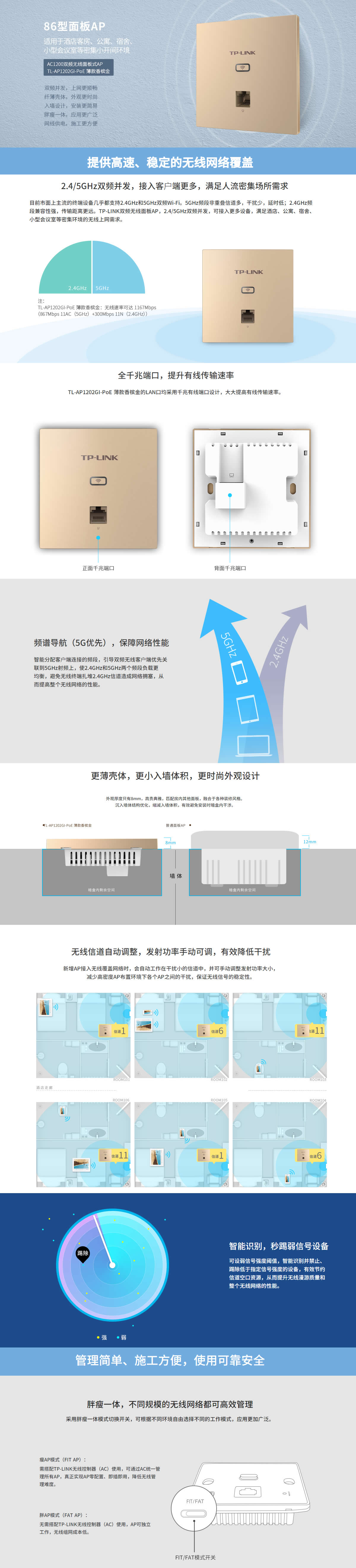 TP-LINK TL-AP1202GI-PoE 薄款 方形 双频千兆 138mmX128mmX55mm 面板式