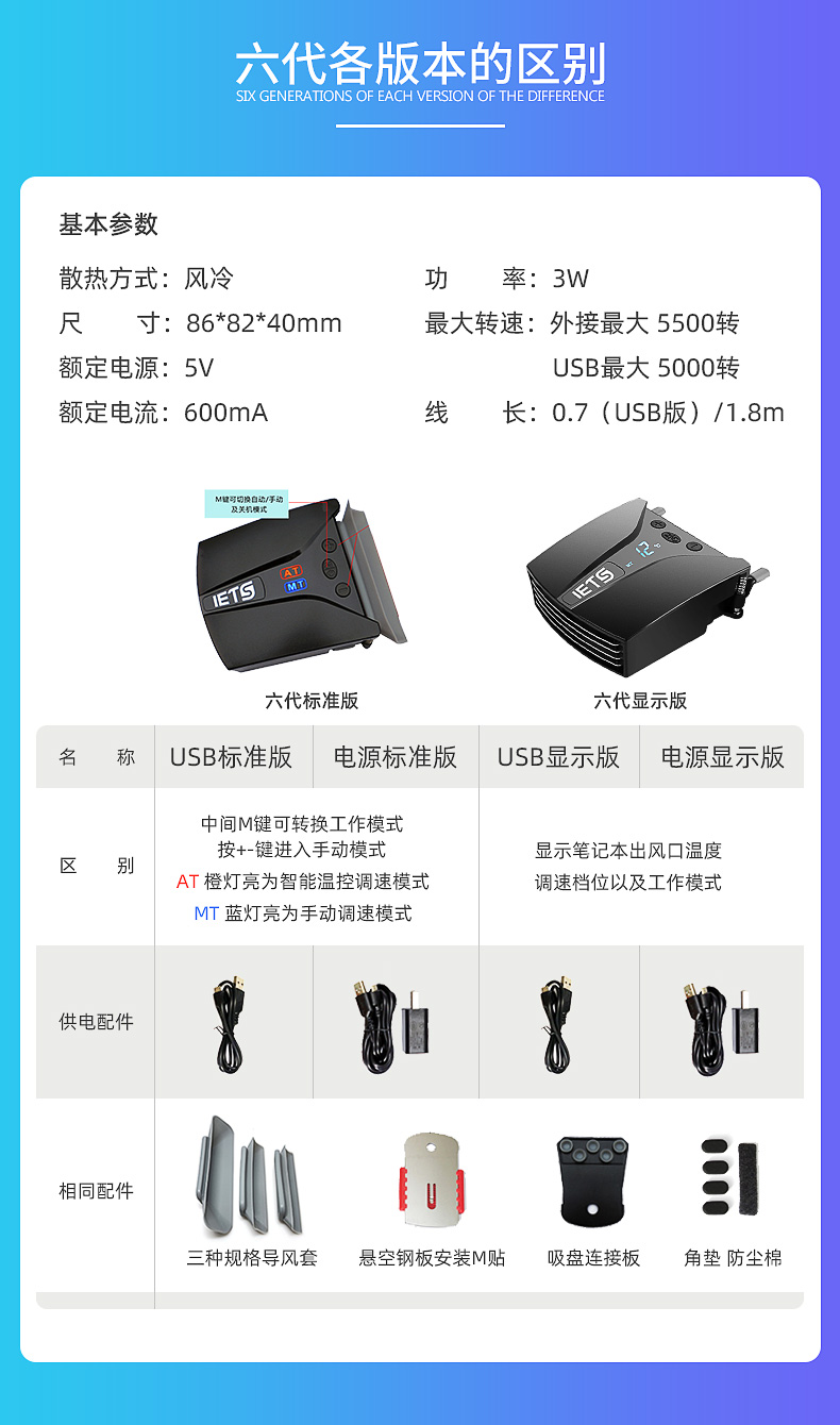 IETS六代笔记本电脑抽风式散热器侧吸式风扇水冷拯救者switch排风扇戴尔G7外星人14寸15.6寸17