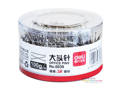 得力 大头针直别针3#约100g一桶 桶装办公大头针 0039