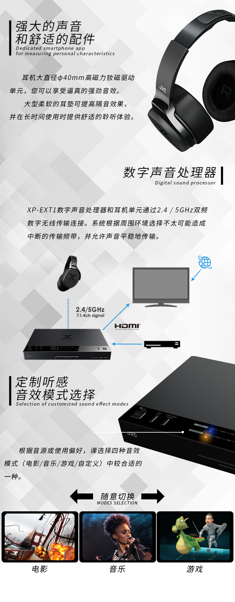 JVC EXT1 耳机 全景声无线蓝牙耳机头戴式环绕音乐影院7.1