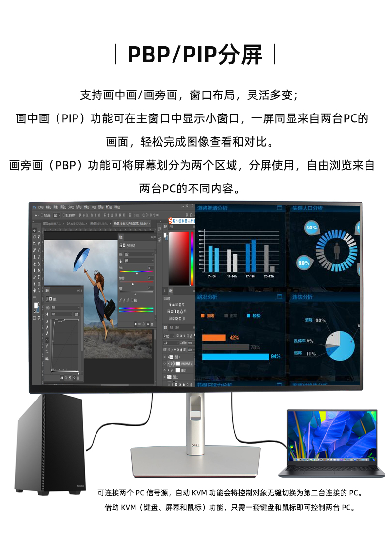 戴尔 27英寸4K USB-C 旋转升降IPS屏电脑显示器