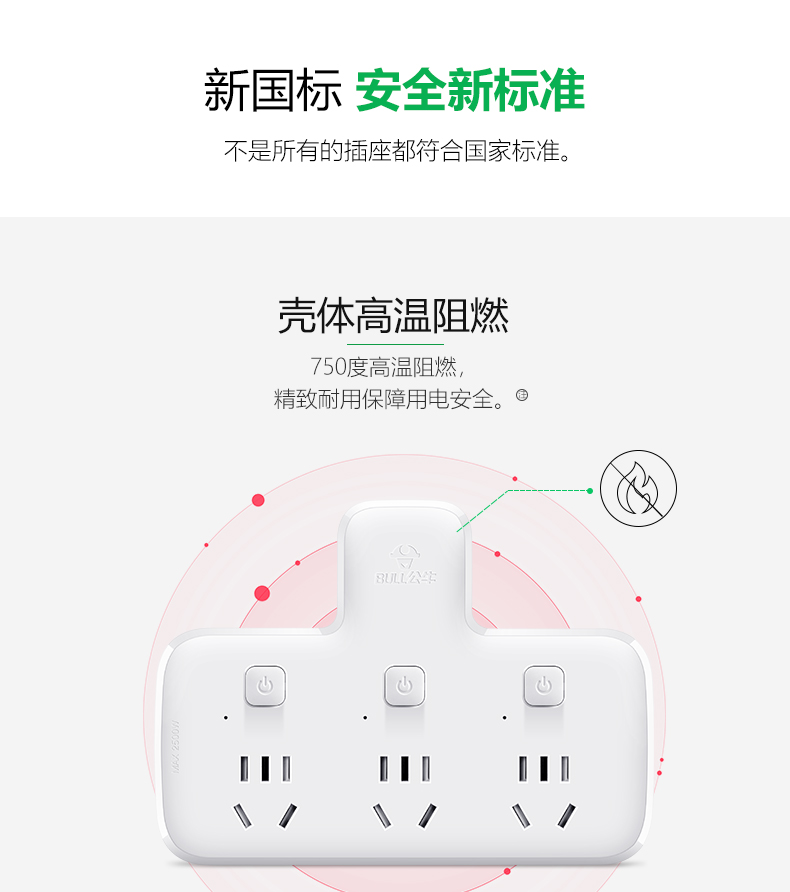 公牛 插座一转三多孔电源插头多功能插线板无线插96033
