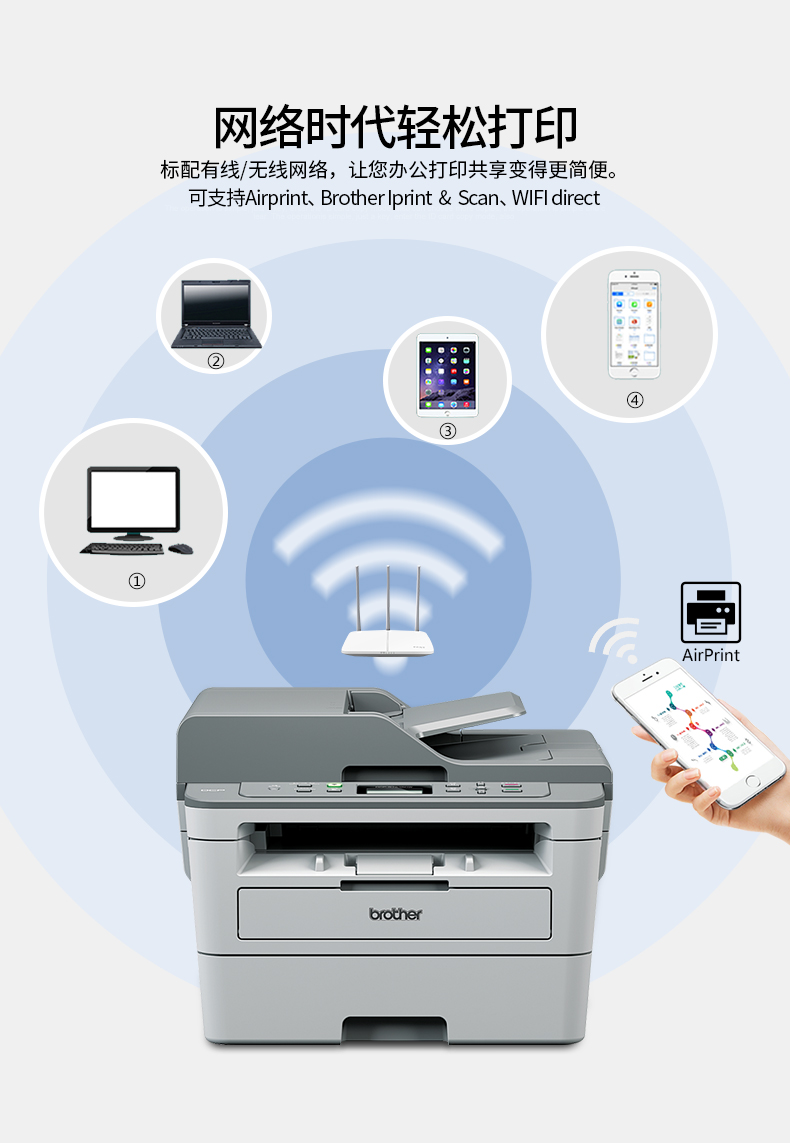 兄弟 DCP-B7535 黑白激光打印机一体机复印机扫描无线wifi手机打印自动双面打印办公三合一家用小型多功能A4