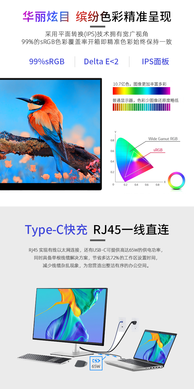 戴尔 P3222QE 31.5英寸 办公显示器 4K IPS Type-C 65W反向充电 防蓝光 旋转升降支架