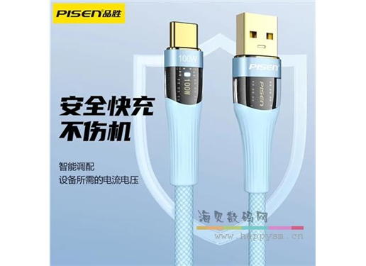 品胜 PISEN QUICK A to C 100W铝合金透明带灯编织数据充电线